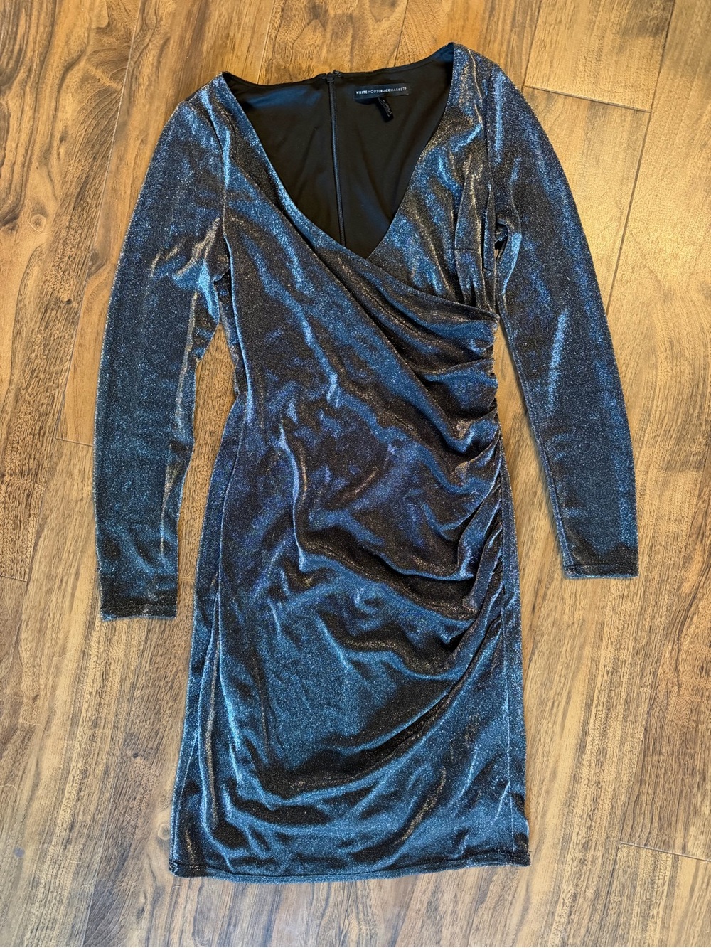 WHBM Shimmer Wrap Ruched Long Sleeve Dress
